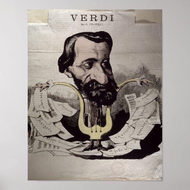 Póster Giuseppe Verdi , caricatura, años 60 (Frente)