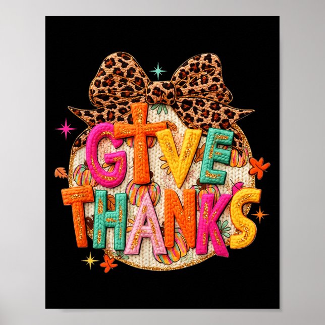 Póster Give Thanks, Fall Leopard Coquette Bow, Preppy Tha (Frente)