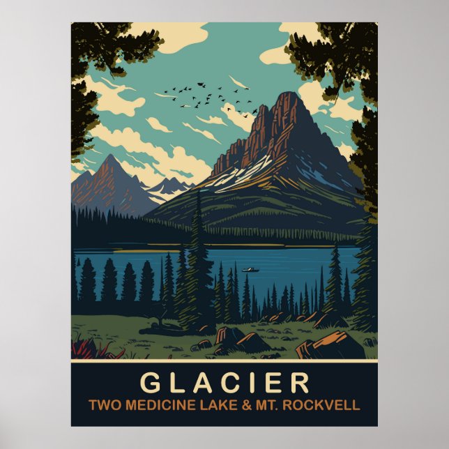 Póster Glaciar, dos lagos medicinales y el Monte Rockwell (Frente)