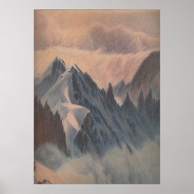 Póster Glaciar montañoso de dibujo pintado en tonos paste (Frente)