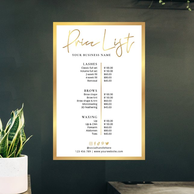 Póster Glam Beauty critica a Faux Gold Price List Poster (Elegant faux gold and white price list of services poster)