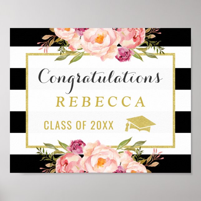 Póster Glam Floral Stripes Congrats Grad Graduation Rótul (Frente)