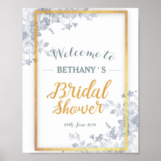 Póster Glam Flowers Gold Frame Bridal Shower Rótulo (Frente)
