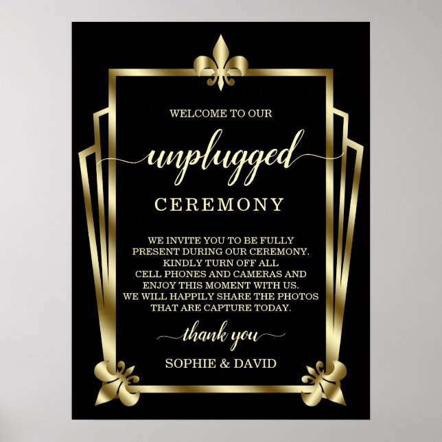 Póster Glam Gold Art Deco Boda desenchufado Rótulo de cer (Frente)