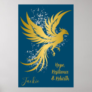 Póster Glam Gold Phoenix Silver Purpurina Monograma Azul 