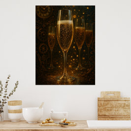 Póster Glam Happy New Year Steampunk Champagne