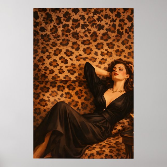 Póster Glam Leopard Lounge, Mujer Elegante Martini (Frente)