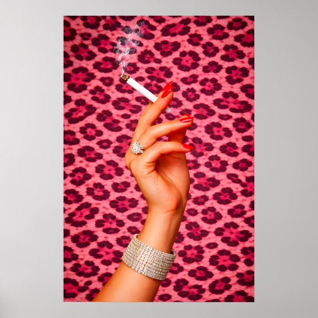 Póster Glam Leopardo Rosa, Cigarrillo de Moda Chic (Frente)