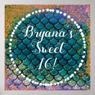 Póster Glam Mermaid Fish Scales Teal Purple Gold Sparkle