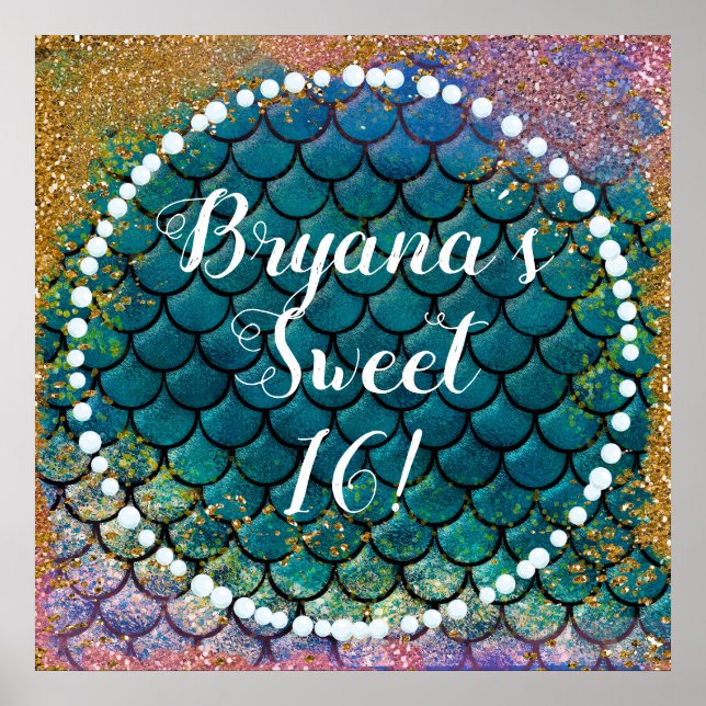 Póster Glam Mermaid Fish Scales Teal Purple Gold Sparkle (Frente)