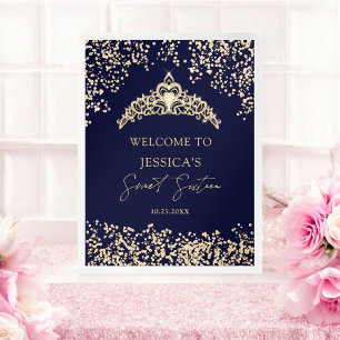 Póster Glam oro azul princesa tiara Sweet 16 Bienvenida