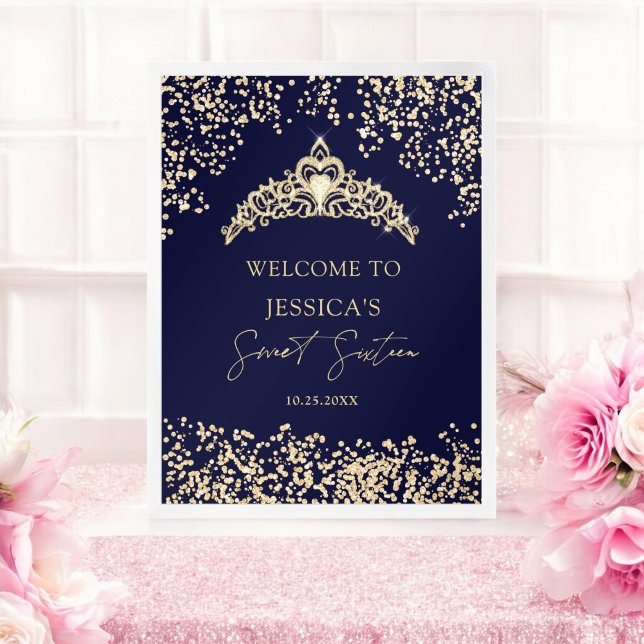 Póster Glam oro azul princesa tiara Sweet 16 Bienvenida (Glam gold blue princess tiara Sweet 16 Welcome Poster)
