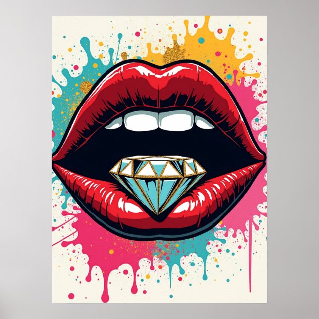 Póster Glam Pop Art Red Lips y Diamond Poster (Frente)