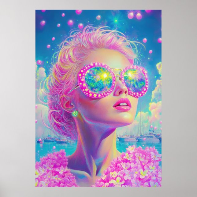 Póster Glamorosa mujer neón con gafas de espuma (Frente)