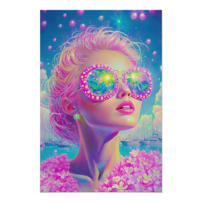 Póster Glamorosa mujer neón con gafas de espuma (Anverso)