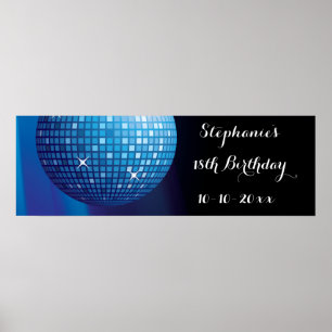 Póster Glamoroso 18 cumpleaños Fiesta azul disco bola