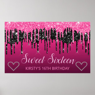 Póster Glamoroso negro y rosa goteando brillo Sweet 16