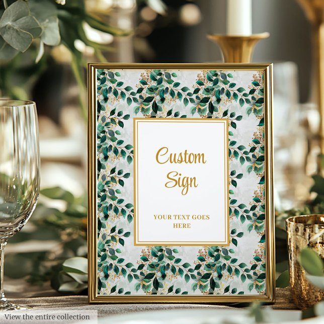 Póster Glamoroso Rótulo Boda de Eucaliptos de Oro Verde O (Glamorous Dark Green Gold Eucalyptus Wedding Sign)