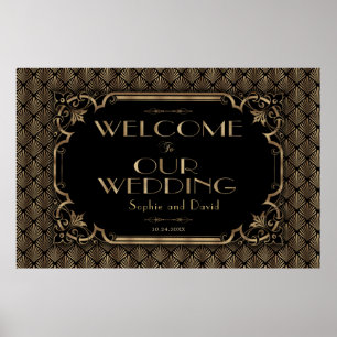 Póster Glamoroso signo de bienvenida de Boda negro dorado