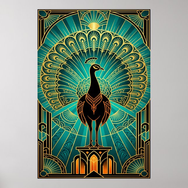 Póster Glamorous Art Deco Peacock Teal & Gold (Frente)