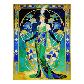Póster Glamorous Art Deco Siren in Blue and Green Poster.