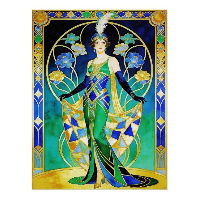 Póster Glamorous Art Deco Siren in Blue and Green Poster. (Anverso)