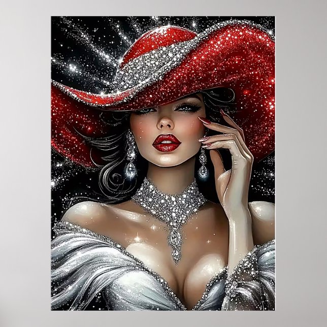 Póster Glamorous Sparkle Lady in Red Hat (Frente)