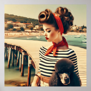 Póster Glamour retro vintage chica con caniche