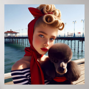 Póster Glamour retro vintage chica con caniche
