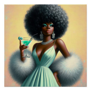 Póster Glamour vintage: Whimsical Afro Pin Up Mint Green