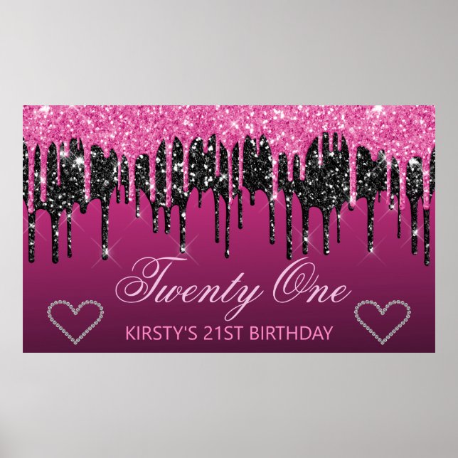 Póster Glamuroso Cumpleaños con Glitter Negro y Rosa que  (Frente)