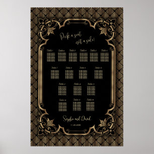 Póster glamuroso de asiento de boda dorado y negro