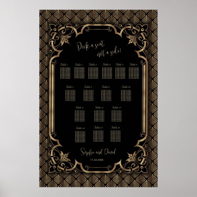Póster glamuroso de asiento de boda dorado y negro (Frente)