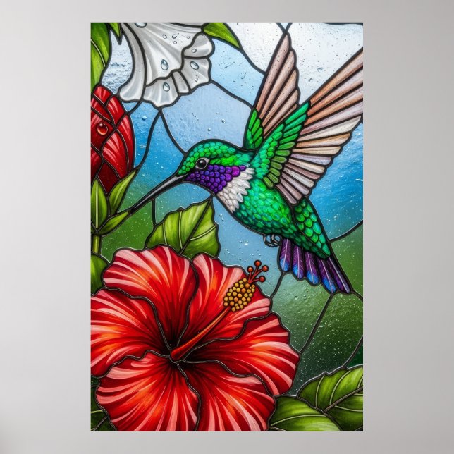 Póster Glass Patchwork Hummingbird Garden Floral Mosaic (Frente)