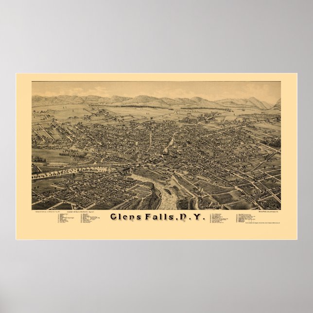 Póster Glens Falls, Mapa Panorámico NY - 1884 (Frente)