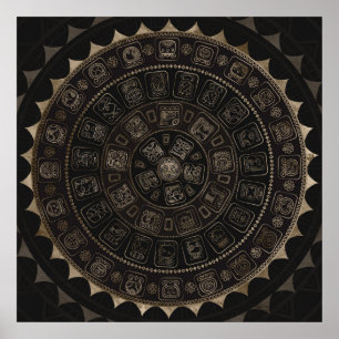 Póster Glifos del calendario maya Pastel de oro en marrón