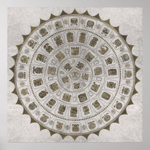 Póster Glifos del calendario maya textura dorada en piedr
