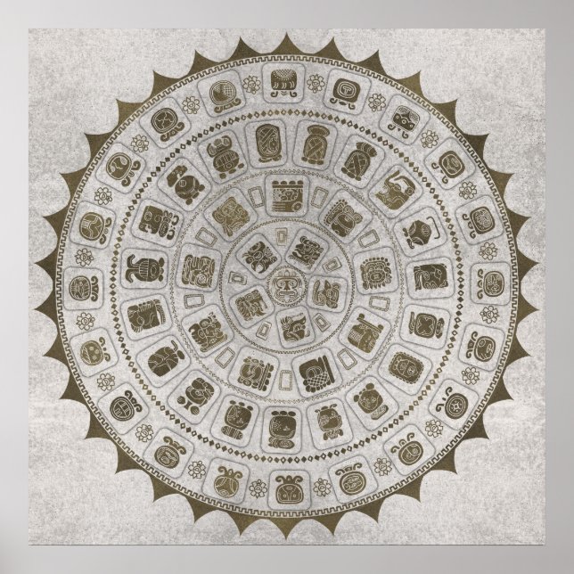 Póster Glifos del calendario maya textura dorada sobre pi (Frente)