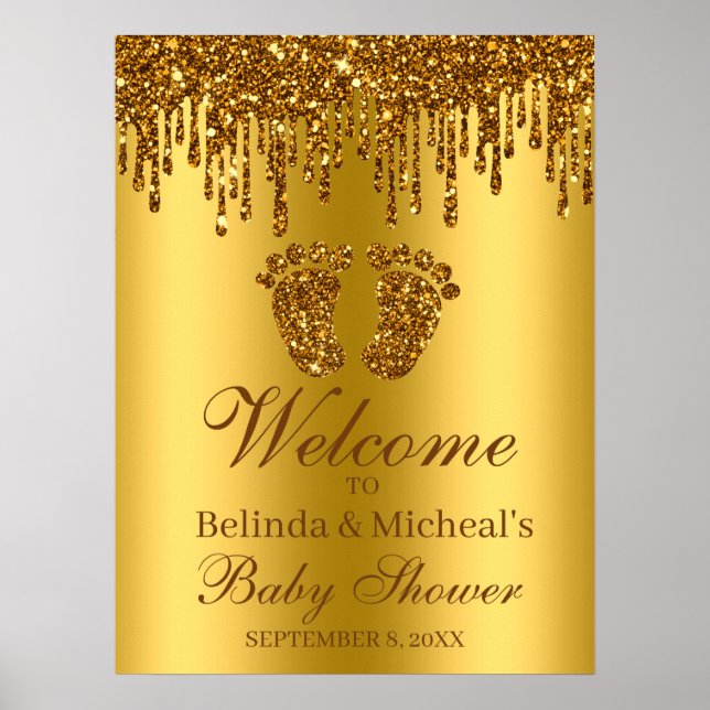 Póster Glitter Drip Gold Feet Baby Shower Welcome Sign (Frente)