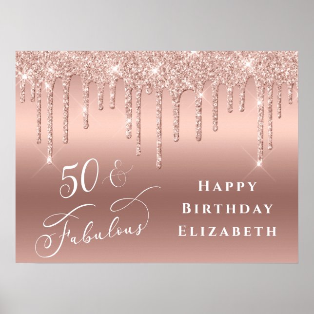 Póster Glitter Rose Gold 50th Birthday Party (Frente)