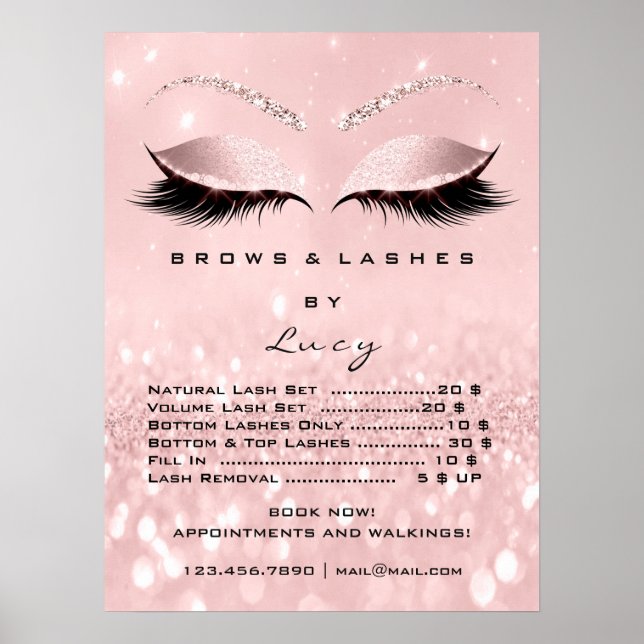 Póster Glitter Rose Pink Makeup Eyes Lashes Price List (Frente)