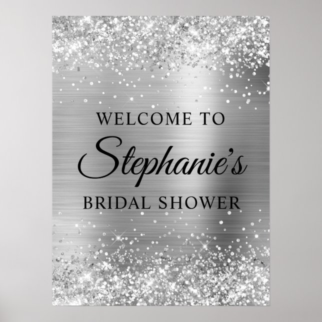 Póster Glittery Silver Faux Foil Bridal Shower Welcome (Frente)