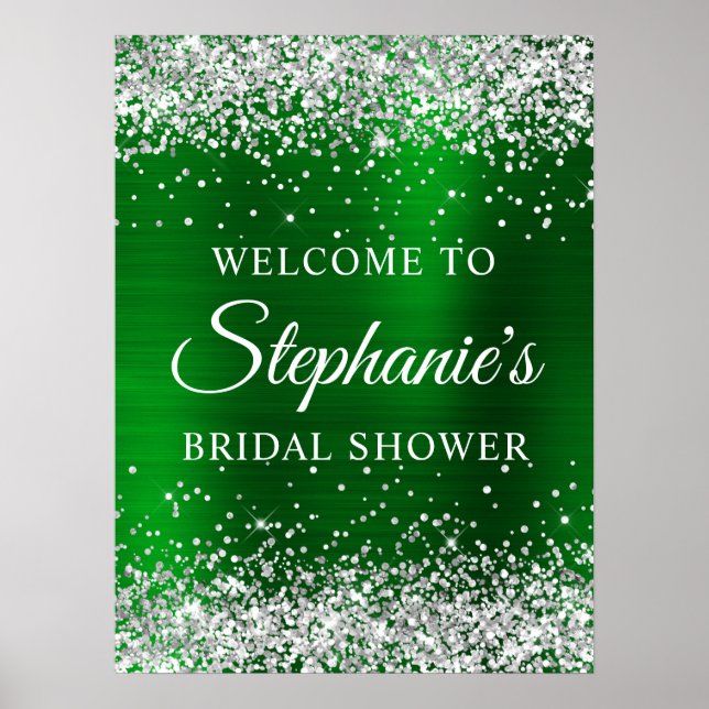 Póster Glittery Silver Green Foil Bridal Shower Welcome (Frente)
