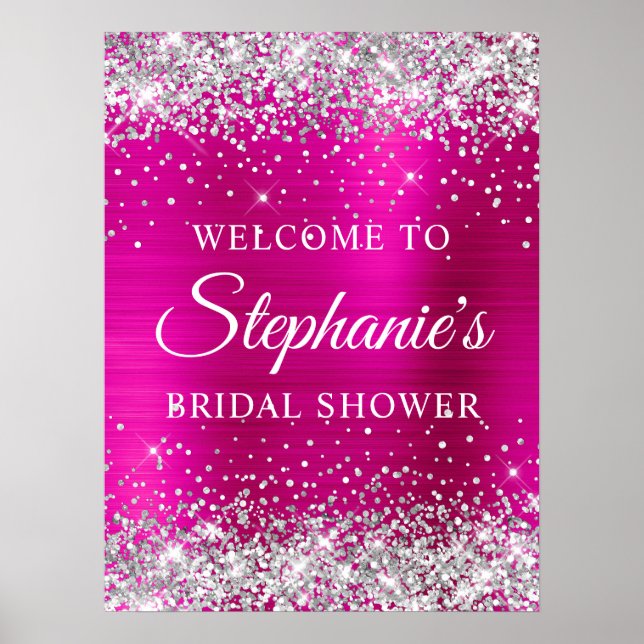 Póster Glittery Silver Hot Pink Foil Bridal Shower (Frente)