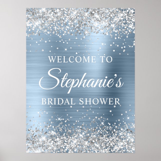 Póster Glittery Silver Light Blue Foil Bridal Shower (Frente)