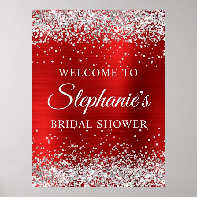 Póster Glittery Silver Red Foil Bridal Shower Welcome (Frente)