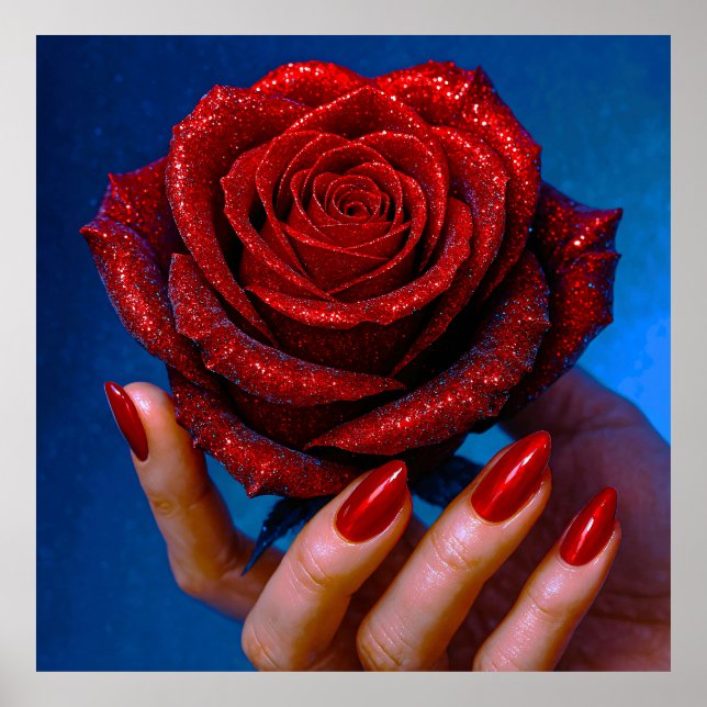 Póster Glitzernde Rote Rose mit Passenden Nägeln (Frente)