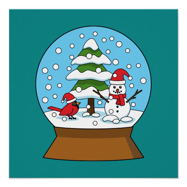 Póster Globe de nieve con cardenal Snowman y árbol de pin (Anverso)