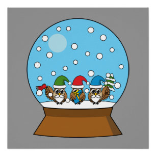 Póster Globe de nieve con tres búhos de gnomo