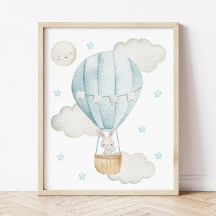 Póster Globo aerostático azul, Animales, Conejo, Guarderí